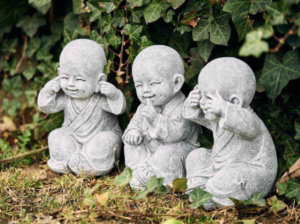 3er Set Steinfigur Shaolin Mönch nichts hören, nichts sehen, nichts sagen, mittelgroß