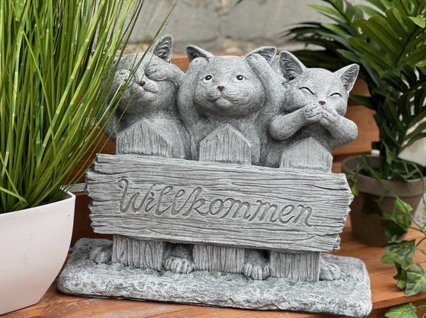 Steinfigur Katzendeko "Willkommen"