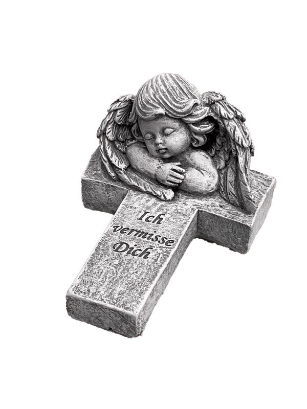 Steinkreuz Mit Rose – Frostfeste Grabfigur Aus Steinguss (ca. 22 Cm Hoch)