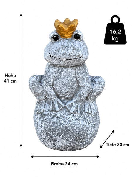 👑🐸 Steinfigur Froschkönig auf Kugel aus Steinguss frostfest & wetterfest – Gartenfigur Frosch mit Krone für Garten, Terrasse und Teich | Stone and Style