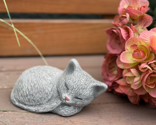 Steinfigur kleine Katze schlafend natur