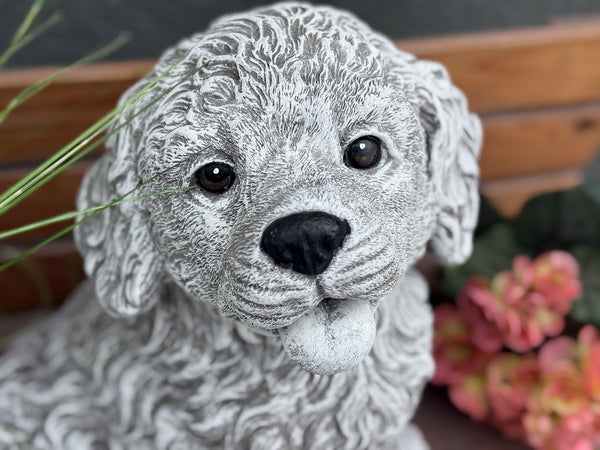 Detail Gesicht Steinfigur Hund Welpe – süßer Lockenfell-Welpe mit großen Augen, schwarzer Nase und herausgestreckter Zunge, frostfeste handgefertigte Tierfigur