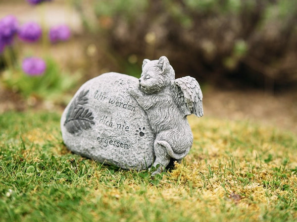 Steinfigur Grabschmuck Katze mit Flügel "Wir werden Dich nie vergessen"