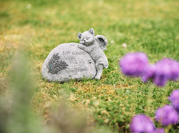 Steinfigur Grabschmuck Katze mit Flügel "Wir werden Dich nie vergessen"