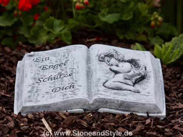 Steinfigur Buch mit Inschrift "Ein Engel schütze Dich"