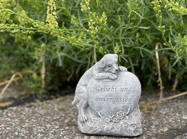 Steinfigur Grabschmuck Grabherz Hund "Geliebt und Unvergessen"